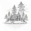 island with pine tree surrounding a  simple cabin tattoo design idea
