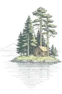 island with pine tree surrounding a  simple cabin tattoo design idea