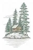 island with pine tree surrounding a  simple cabin tattoo design idea