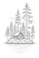 small cabin nestled on island with pine trees small rock shore tattoo design idea