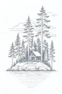 small cabin nestled on island with pine trees small rock shore tattoo design idea