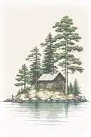 island with pine tree and cabin tattoo design idea