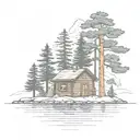 island with pine tree surrounding a  simple cabin tattoo design idea
