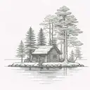 island with pine tree surrounding a  simple cabin tattoo design idea