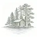 island with pine tree surrounding a  simple cabin tattoo design idea
