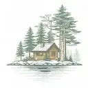 island with pine tree surrounding a  simple cabin tattoo design idea
