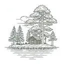 island with pine tree surrounding a  simple cabin tattoo design idea