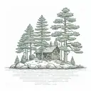 island with pine tree surrounding a  simple cabin tattoo design idea