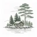 island with pine tree surrounding a  simple cabin tattoo design idea