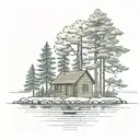 island with pine tree surrounding a  simple cabin tattoo design idea