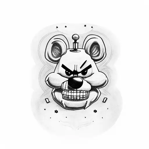 Design a black-grey tattoo featuring your favorite character from Five Nights at Freddy's in a surreal setting tattoo design idea