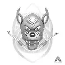 Design a blackwork tattoo combining symbols related to your occupation with iconic imagery from Five Nights at Freddy's tattoo design idea