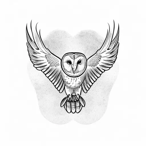 barn owl, woodcut style, midair flight attack tattoo design idea