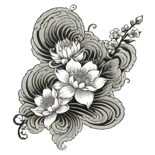 Japanese waves and hawthorn flower and lotus flower tattoo design idea