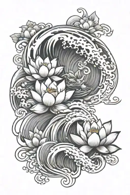 Japanese waves and lotus flower intertwined tattoo design idea