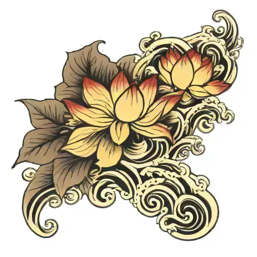 Japanese waves and lotus flowers growing tattoo design idea