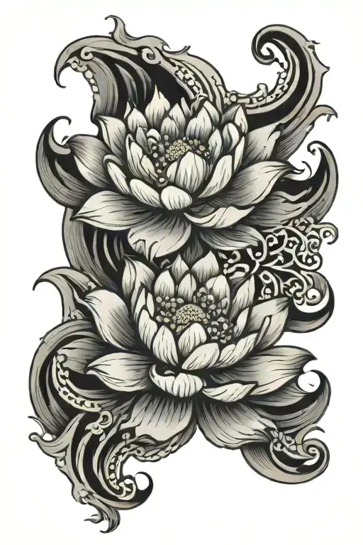Japanese waves with lotus flower and hawthorn flower tattoo design idea