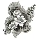 Japanese waves and hawthorn flower and lotus flower tattoo design idea