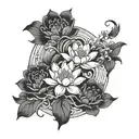 Japanese waves and hawthorn flower and lotus flower tattoo design idea
