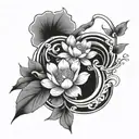 Japanese waves and hawthorn flower and lotus flower tattoo design idea