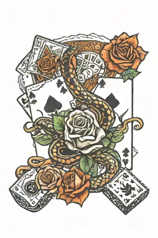 two roses, three playing cards and two dice with a snake and monopoly man tattoo design idea