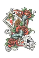 two roses, three playing cards and two dice with a snake and monopoly man tattoo design idea