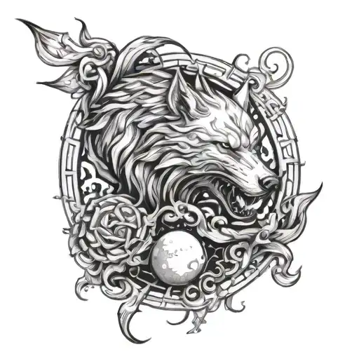 yang yang wolf chasing the moon and sun with Jörmungandr wrapped around it tattoo tattoo design idea