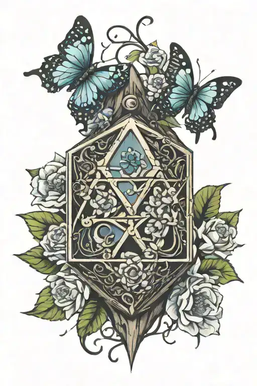 grave cleric d20 dice tattoo with flowers, vines and butterflies for forearm tattoo design idea
