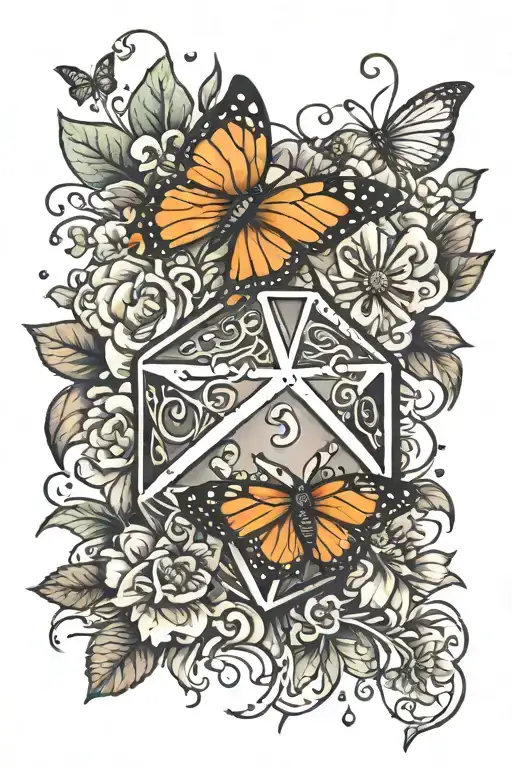 d20 dice tattoo with flowers, vines and butterflies for forearm tattoo design idea