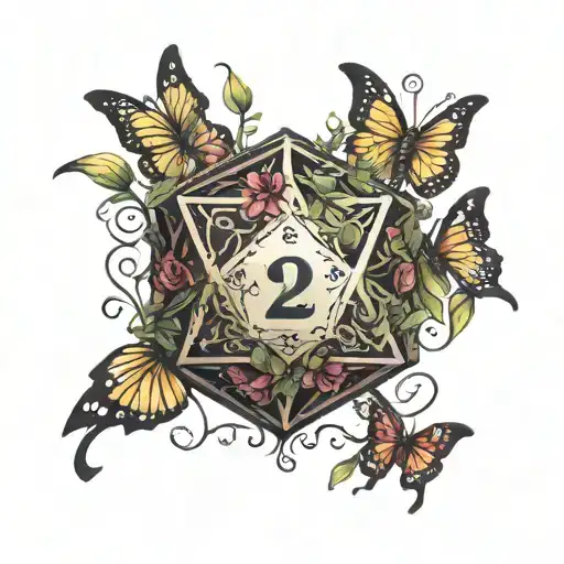 d20 dice tattoo with flowers, vines and butterflies  tattoo design idea
