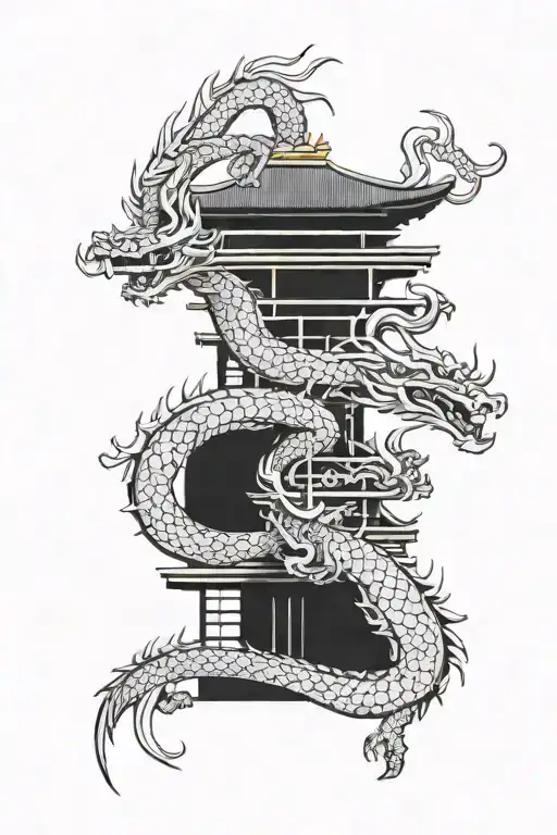 Japanese dragon around Japanese temple tattoo design idea