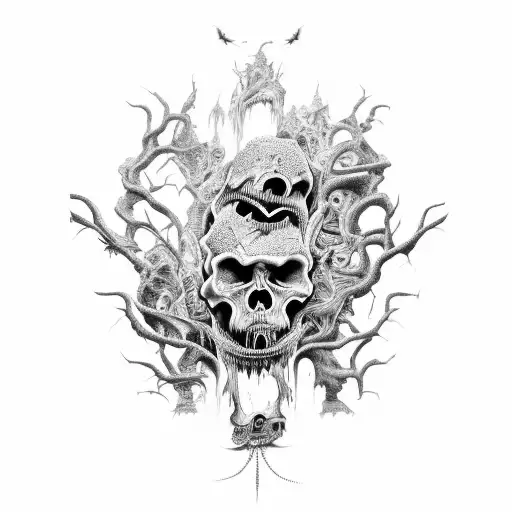 A twisted and surreal landscape of the 9th pit of hell tattoo design idea