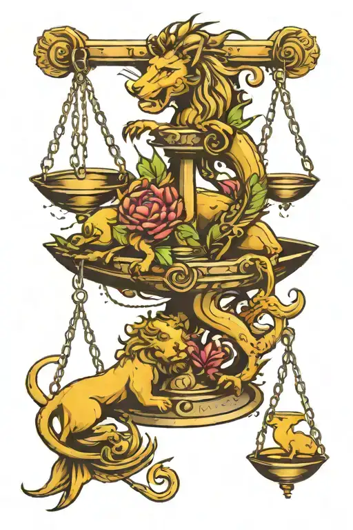 libra scale balanced with scorpion on one side and lion on other tattoo design idea