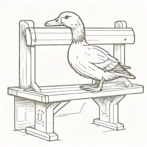 park bench with a budweiser can on floor a playbill magazine a duck walking down the street and a hammer on the street tattoo design idea