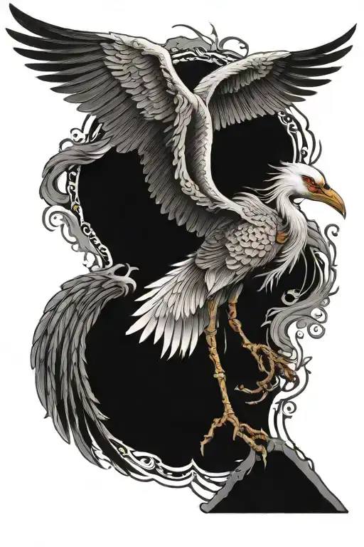 skeleton of a crane with open wings and a sword tattoo design idea