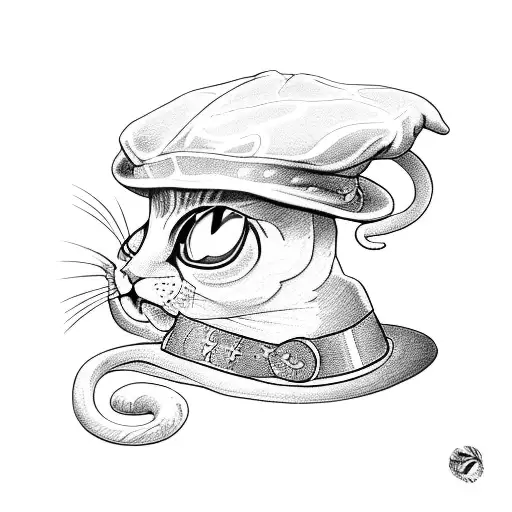 Cat in lawyer's cap with snake in his teath  tattoo design idea