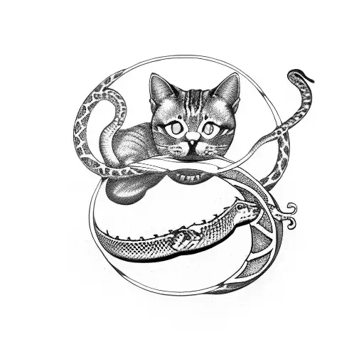 Cat with snake Ouroboros tattoo design idea