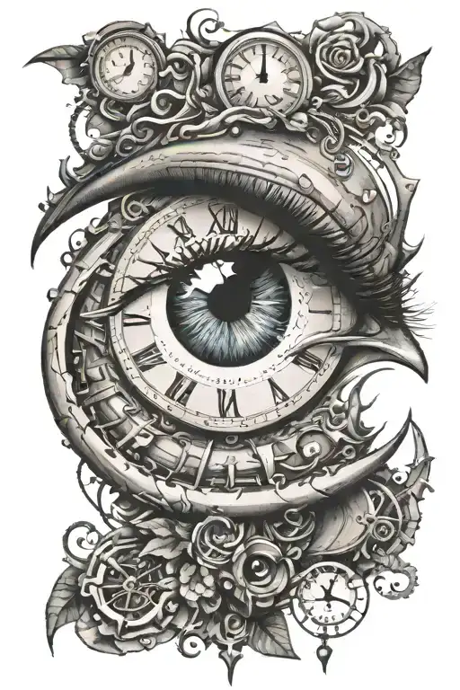 Never fade away eye clock surrounded tattoo design idea