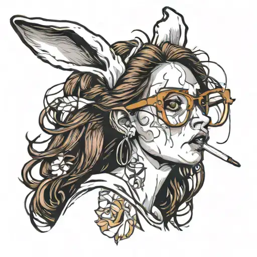 skinny shy white woman with brown hair, long nose, open mouth with glasses and white bunny ears text:blacked tattoo design idea