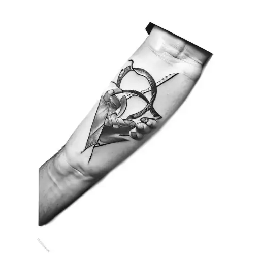 The creation of Adams hands with triangles and the snake around it on forearm tattoo design idea