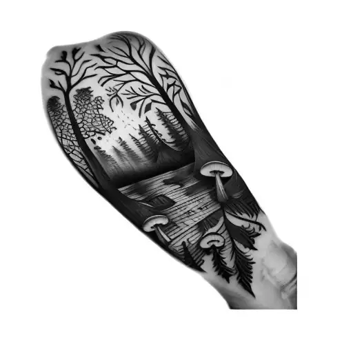 a forest with trees and mushrooms tattoo design idea