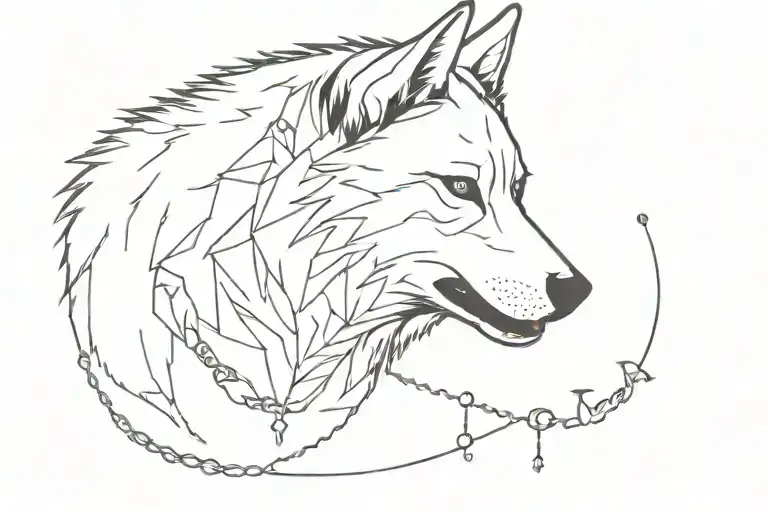 A lone wolf, wounded but not giving up, surrounded by other wolves, with a chain around his neck, tattoo design idea
