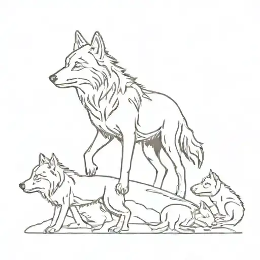 A lone wolf, wounded but not giving up, surrounded by other wolves tattoo design idea