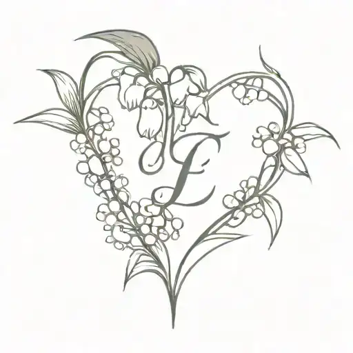 heart made with lily of the valley with initial E and date  02.05.24 tattoo design idea