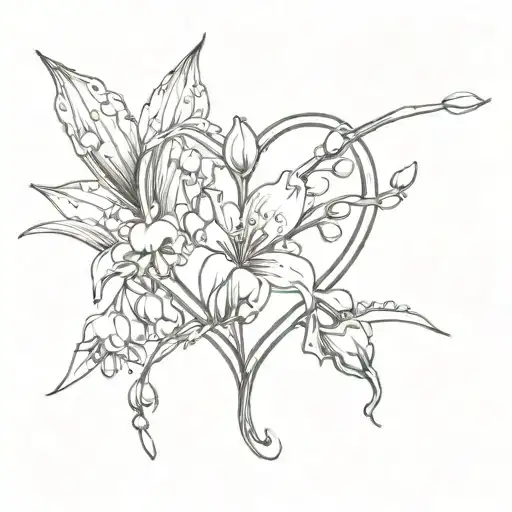 heart shaped lily of the valley flowers with the initial E and date 2.5.2024 tattoo design idea