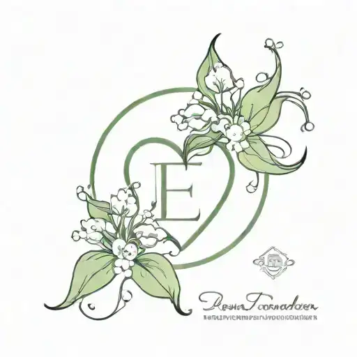 heart made with simple lily of the valley with initial E and date 02.05.24 in the outline of the heart tattoo design idea