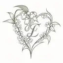 heart made with lily of the valley with initial E and date  02.05.24 tattoo design idea