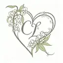 heart made with lily of the valley with initial E and date  02.05.24 tattoo design idea