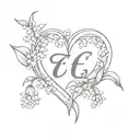 heart shaped lily of the valley flowers with the initial E and date 2.5.2024 tattoo design idea