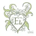 heart made with simple lily of the valley with initial E and date 02.05.24 in the outline of the heart tattoo design idea